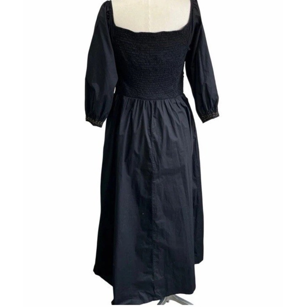 Milkmaid Black Maxi Dress L Smocked Embroidered Cottagecore Peasant Puff Sleeve - Picture 3 of 16